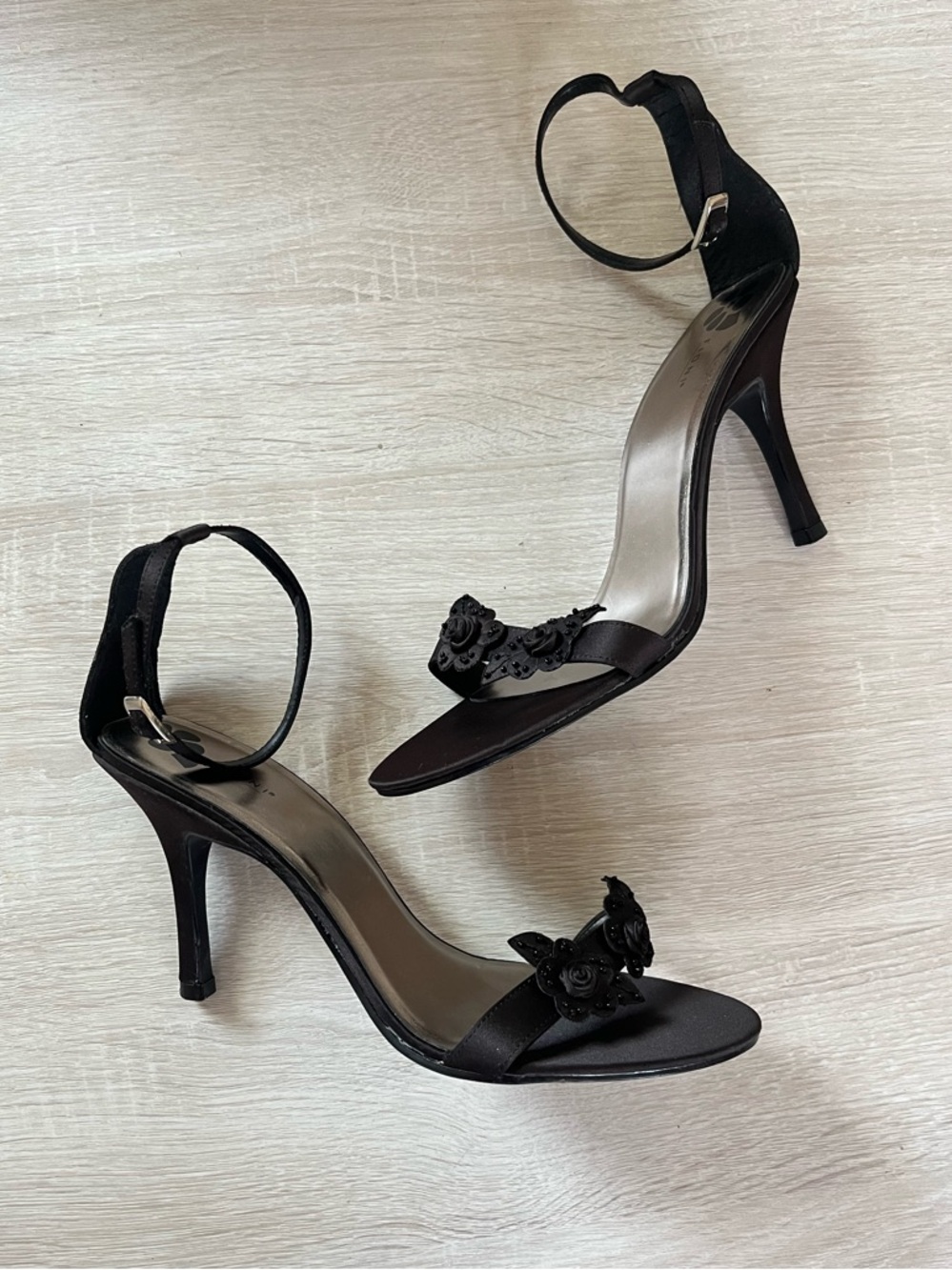 Fioni Black Ankle-Strap Floral Satin minimalist casual party luxury Heels